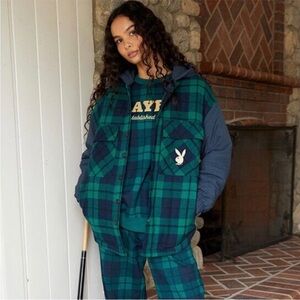 Playboy Pacsun Women's Plaid Boyfriend Jacket Navy Green Hoodie Jacket Size XS/S